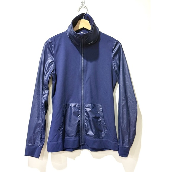 Under Armour Warm Up Track Jacket Womens Small Blue Full Zip Fitted‎ Stretch - Picture 1 of 12